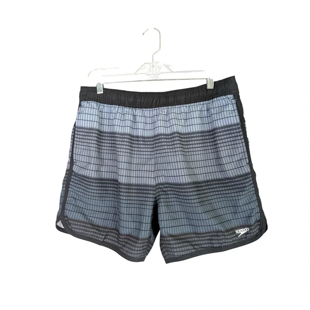 Speedo Swim Trunks Mens L Blue Grey Geometric Grid Mesh Liner Board Shorts